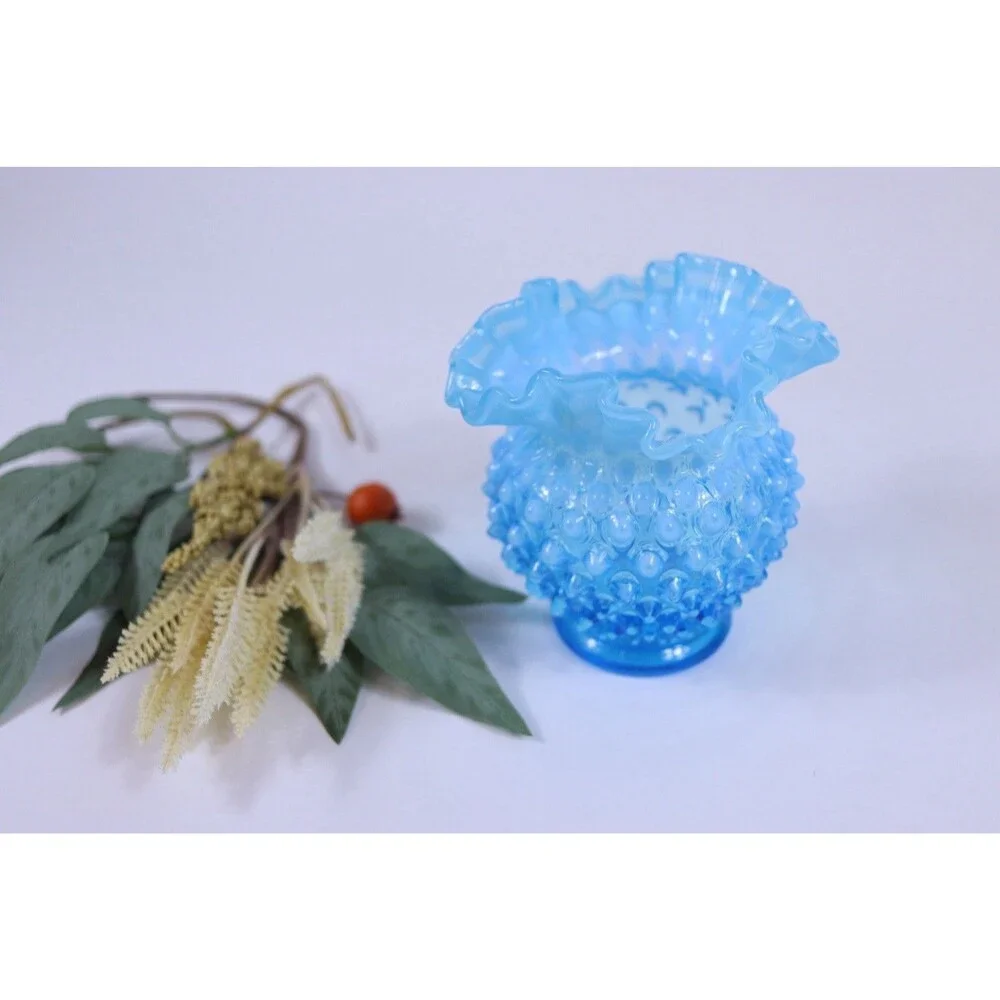 Vintage Fenton Opalescent Hobnail Ruffled Vase Light Turquoise 4.5”